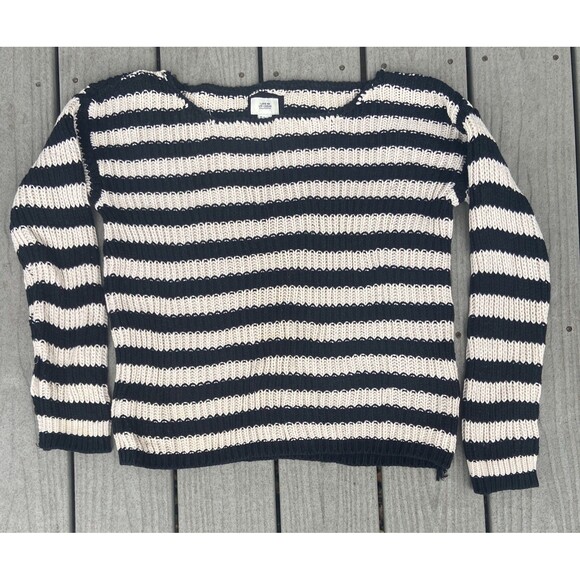 I Love H81 Black Cream Chunky Rib Knit Striped Pullover Sweater Women’s L - Picture 2 of 12